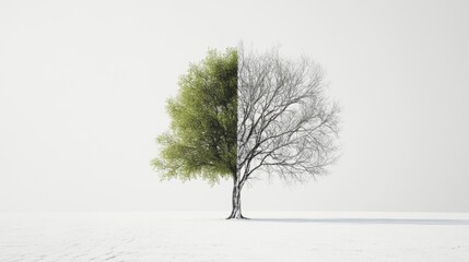 Fototapeta premium Tree in Dual Seasons Displaying Contrast Between Life and Desolation