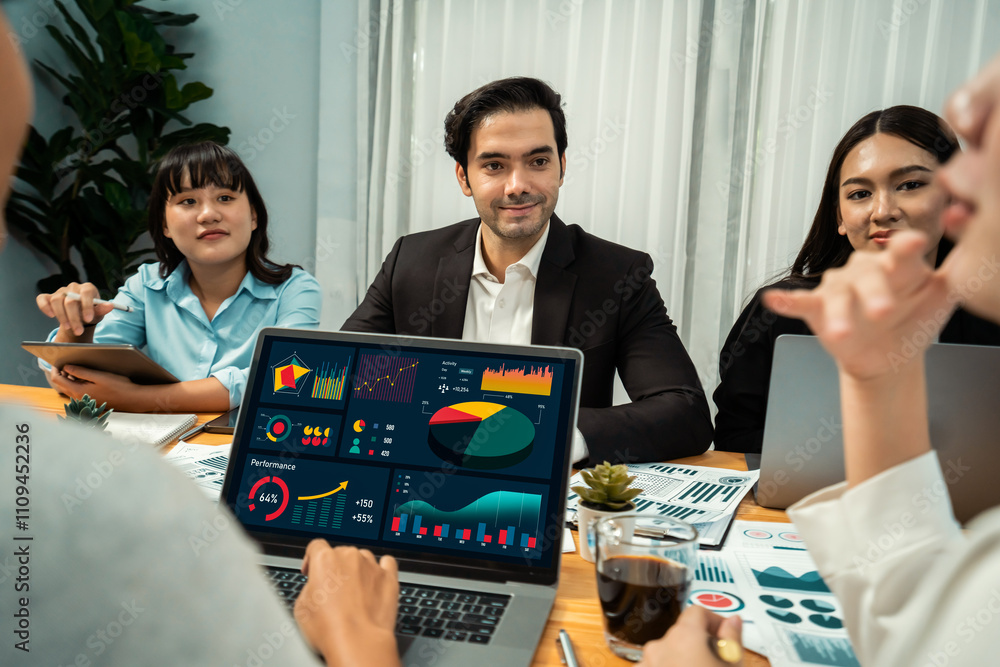Poster financial data analysis dashboard by fintech bi or business intelligence display on laptop screen to