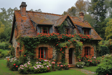 Cottage surrounded by vibrant flowers and lush greenery in a tranquil countryside setting