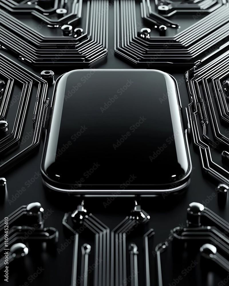 Poster Abstract representation of modern technology with a sleek device on circuit board.