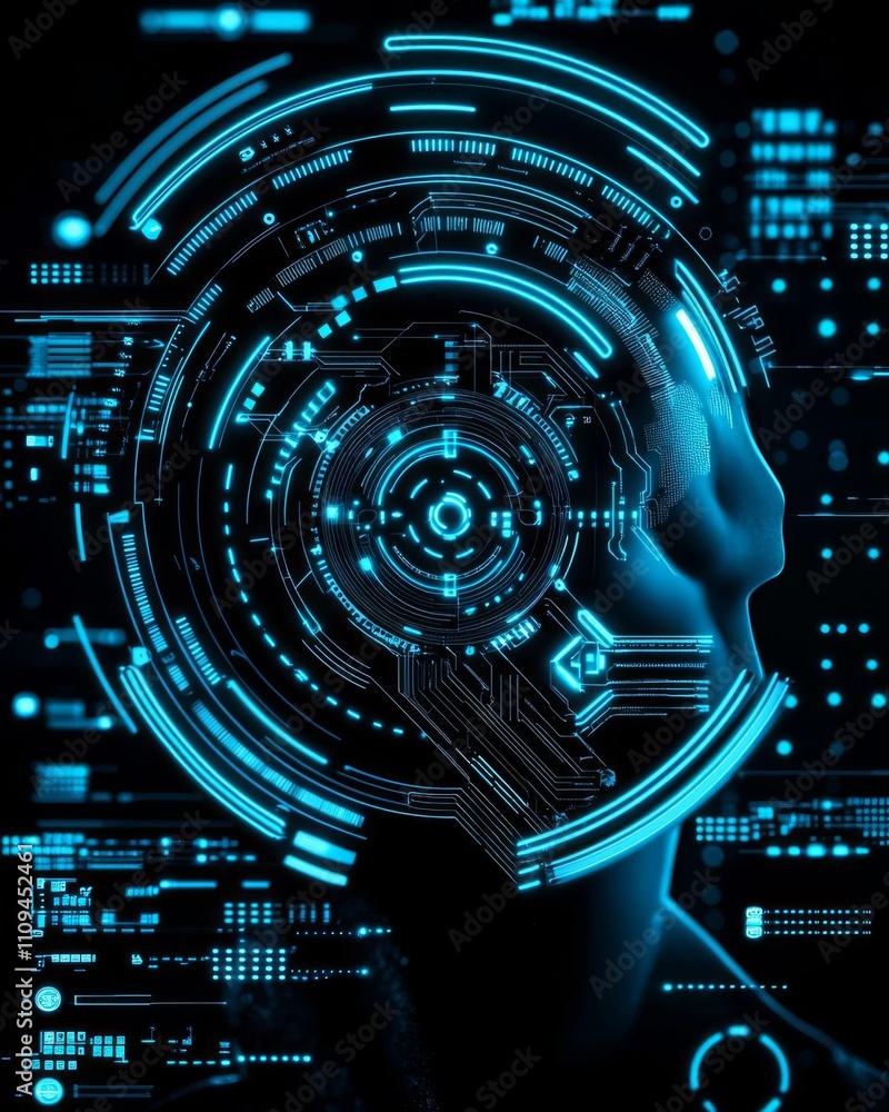 Poster futuristic digital interface illustrating artificial intelligence concepts.