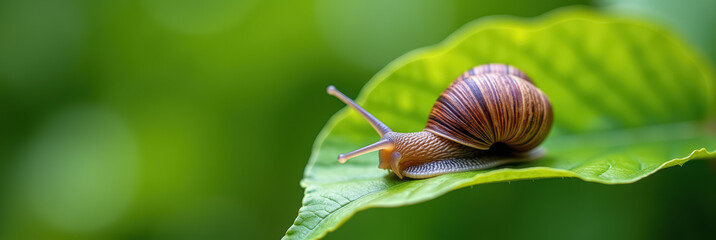 A snail on a leaf with green background