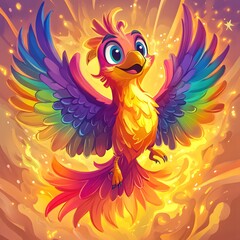Fototapeta premium Joyful Rainbow Phoenix Bird Fantasy Art Magical Creature Illustration