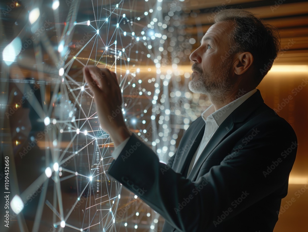 Aufkleber a man interacts with a glowing network display, symbolizing technology and connection.
