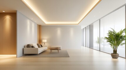 A large empty room with a white wall and a black television