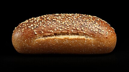 A loaf of sesame-seeded bread on a black background, showcasing its golden-brown crust and soft texture.