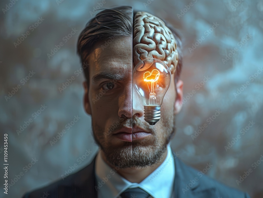 Poster a man's face split with a brain and lightbulb, symbolizing intellect and innovation.