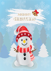 christmas card with snowman and snowflakes