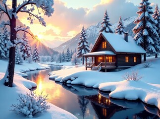 Snowy River Cottage Winter Landscape AI Art, Beautiful Winter Scenery, Cozy Cabin, Nature Photography,  Digital Painting,  Dreamy Winter,  Peaceful Scene