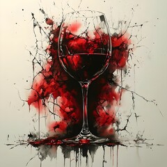 Fototapeta premium A wine glass with red wine in it is splattered with red paint