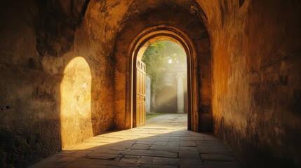Fototapeta premium Sunlit archway leads to tranquil garden.