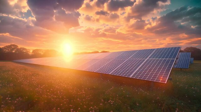 A large solar farm in a rural field at sunset