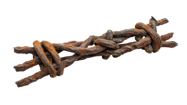 Rusty, intertwined metal bars resembling a chain.