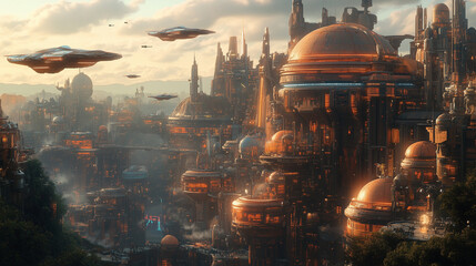 Futuristic cityscape featuring neon lights and flying vehicles at sunset