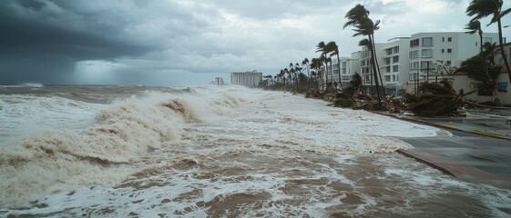 Furious Storm Waves Crushing Shoreline Buildings - Dramatic Coastal Scene with Churning Sea and Damaged Palm Trees in Stormy Weather - Climate Change Impact Concept