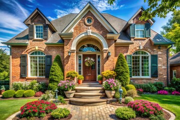 Charming Pano Brick House with Arched Entrance, Front Door, Sidelight, and Festive Wreath - Beautiful Landscape Photography