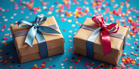 Obraz premium Two Beautifully Wrapped Gifts with Ribbons on a Blue Background Surrounded by Confetti Hearts