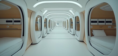 Obraz premium Futuristic Sleeping Pods Corridor Clean Minimalist Design, Symmetrical Perspective in Bright Space - Modern Innovation and Efficiency Concept