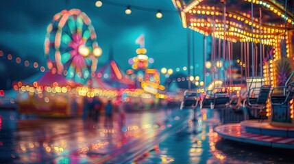 Rainy night at a funfair with blurred carousel and Ferris wheel.