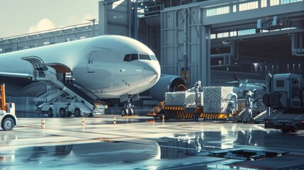 Fototapeta premium Cargo Plane Loading at Modern Airport on a Clear Day Depicting Transportation and Logistics