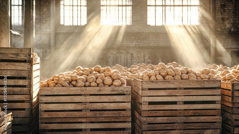 Poster warm sunlight filters through warehouse windows, illuminating wooden crates filled with fresh potato