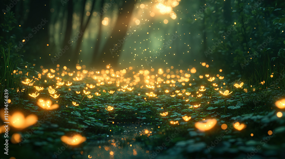 Poster mystical forest setting at dusk with glowing flowers illuminating the path through lush greenery. ge