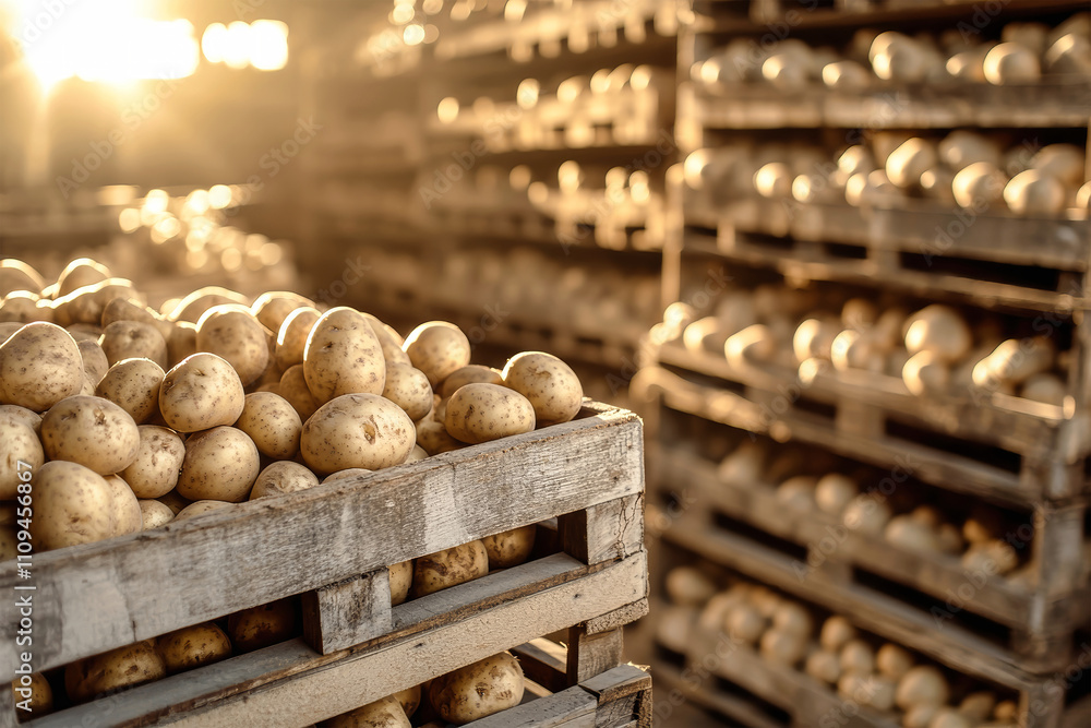 Poster harvested potatoes stacked in wooden crates basking in warm sunlight within a rustic warehouse setti
