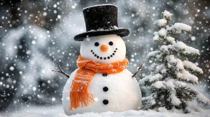 Fototapeta premium A creatively crafted snowman grins widely, donning a top hat and orange scarf amid a snowfall, adding whimsical charm to the serene winter wonderland setting.