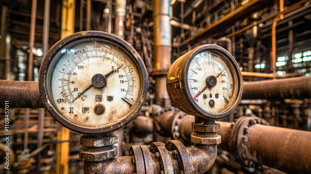 Poster close-up of detailed pressure gauges on aged industrial pipes in a factory setting showcasing intric