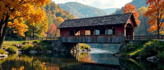 Obraz premium Taftsville Covered Bridge Ottauquechee River Vermont Scenic Landscape