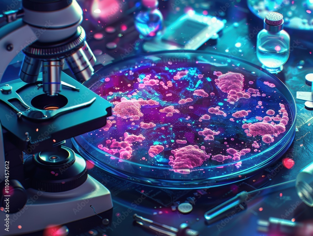 Poster a microscope and petri dish showcasing colorful microorganisms in a lab setting.