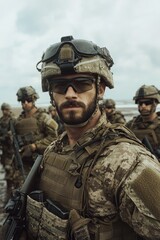 Fototapeta premium Intense Closeup of Male Soldier in Camouflage on Beach, Military Squad Background - Somber Military Recruitment Concept
