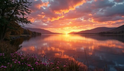 Stunning sunset over a tranquil lake reflecting vibrant colors and surrounded by lush greenery