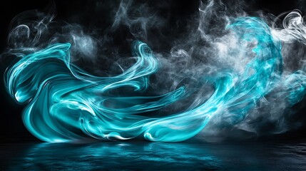Obraz premium A dynamic swirl of vibrant cyan and platinum hues blending seamlessly with a misty texture, evoking a sense of energy and depth, set against a pitch-black surface.