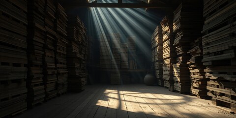 Naklejka premium A dusty warehouse filled with stacked wooden boards, illuminated by a beam of sunlight streaming through a skylight, casting dramatic shadows on the floor.