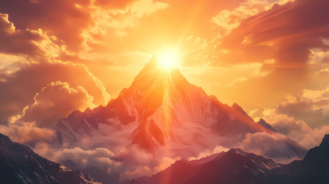 Golden zenith the sun at its zenith casting golden light over a mountain, front view, peak light, technology tone, vivid. Zenith. Illustration