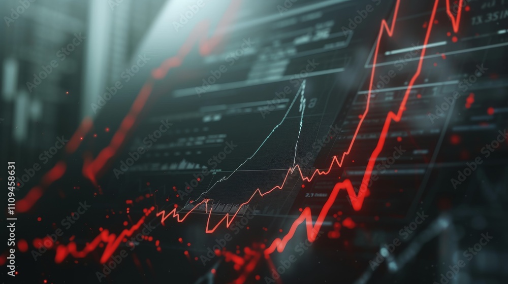 Poster a red financial graph on a futuristic dark background featuring glowing data points, representing fi