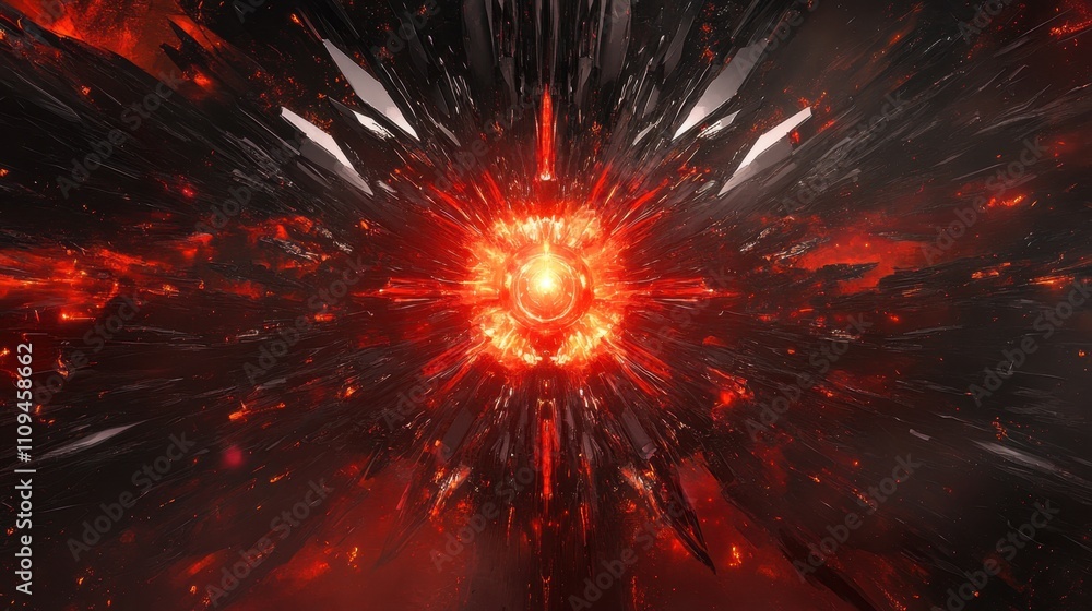 Poster abstract digital art with fiery core and explosive energy rays