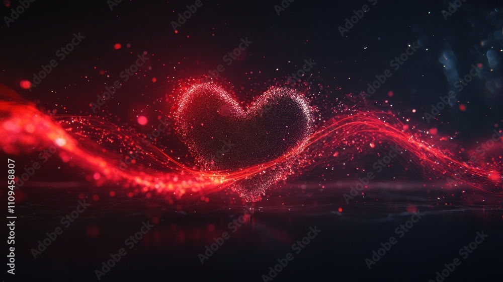 Poster sparkling heart with glowing red particles on dark background