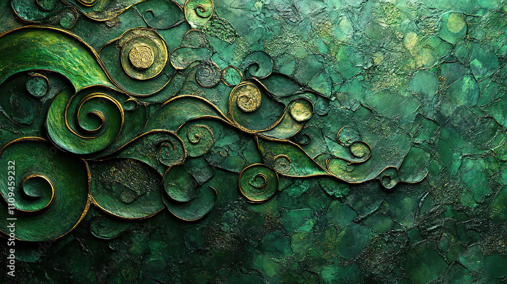 Poster intricate green abstract design with swirling patterns and textures in a vibrant, artistic compositi