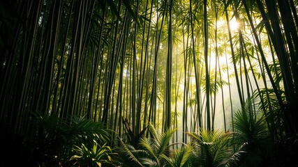 Fototapeta premium A sunbeam pierces through a dense grove of bamboo, casting a golden glow on the verdant undergrowth