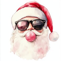 A trendy Santa Claus dons dark sunglasses and blows bubblegum, wearing his traditional red and white hat, merging classic joviality with modern coolness.