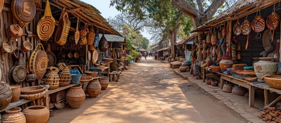 African artisan market with handcrafted pottery, baskets, and wood carvings displayed along a sun-dappled path.