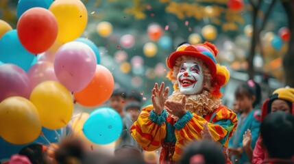 Happy clown clapping with children and balloons.