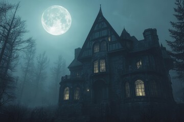 Mysterious Gothic Stone House in Misty Forest under Full Moonlight - Dark, Eerie Fantasy Scene with Haunting Atmosphere for Book Covers and Halloween Themes