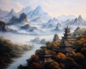 Obraz premium Serene Autumnal Chinese Pagodas in Misty Mountain Landscape