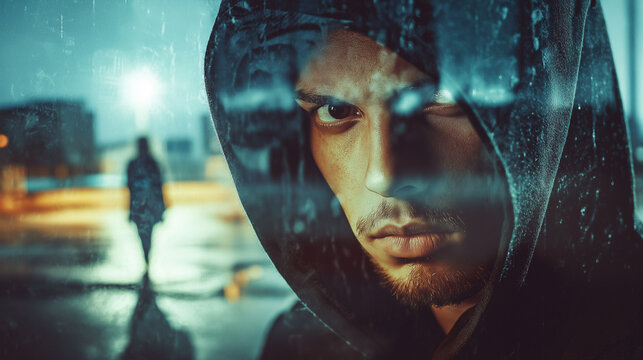 Woman's face in foreground, ominous man lurking in foggy background.