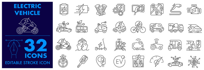 Electric vehicle icon set. Containing, Eco Friendly Vehicle, Automotive, Electric car, EV charging, e-bike, e-car, Electric Scooter, Wireless Charging, and EV Power Station. Editable stroke icon set.