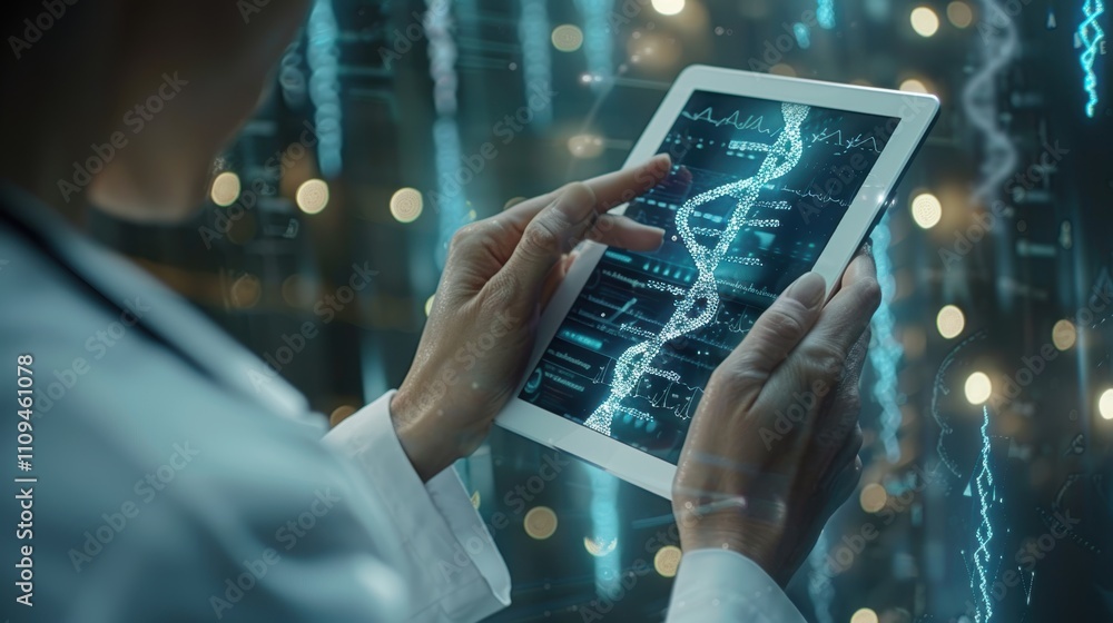 Poster a person analyzing dna data on a tablet in a high-tech environment.