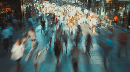 Blurred crowd of people walking on city street.